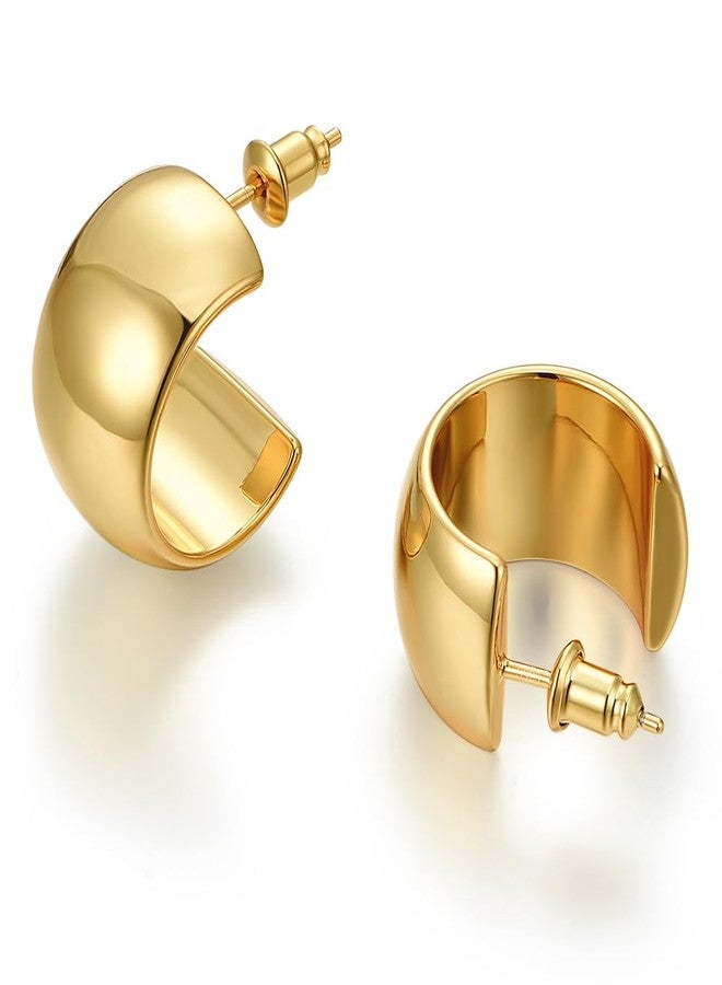 FRUMOS 18K Gold Plated Hoop Earrings for Women Girls 14K Gold Plated Thick Earrings with 925 Sterling Silver Post Stud Earrings for Gifts(Thick hoop Earrings Gold) - Image 1